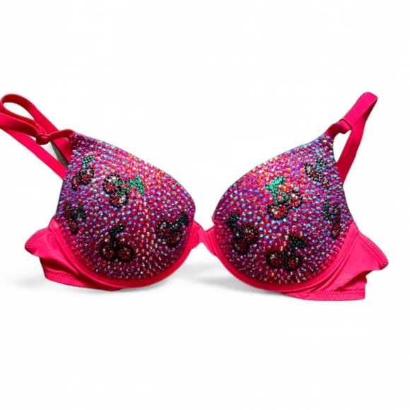 Cherry Design Dark Siam AB Red & Green Rhinestone Glam Bling Bra Top All Sizes - Picture 1 of 12